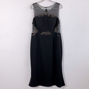 Adrianna Papell Embellished Beaded Knit Mesh Crepe Black Gown Occasion Dress 16